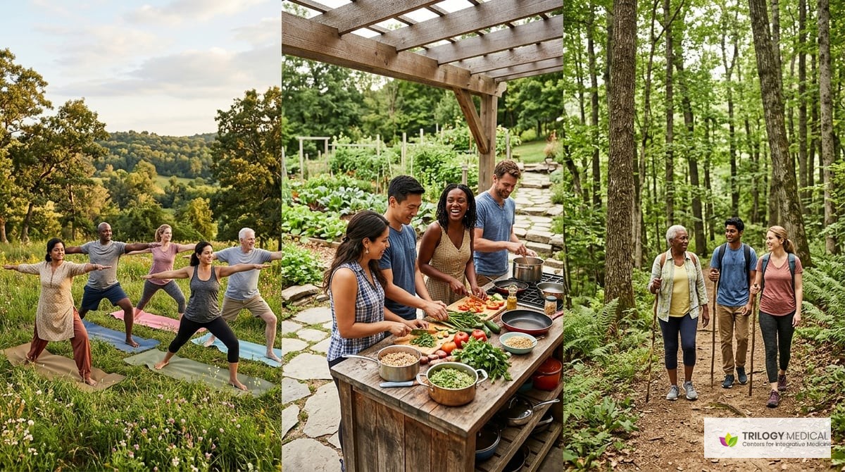 An image of a diverse group of people engaging in healthy activities like yoga, cooking, and walking in nature.

Photo-realistic, editorial-quality