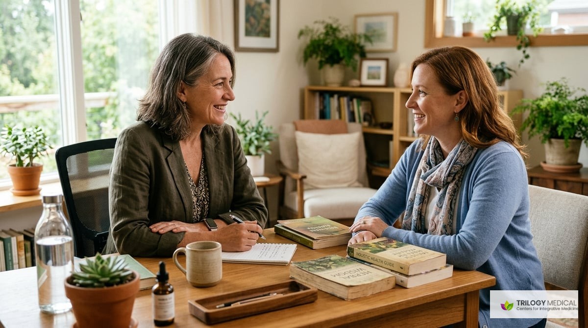 A serene healthcare setting where a patient consults with a warm and empathetic physician, discussing lifestyle changes over a desk filled with