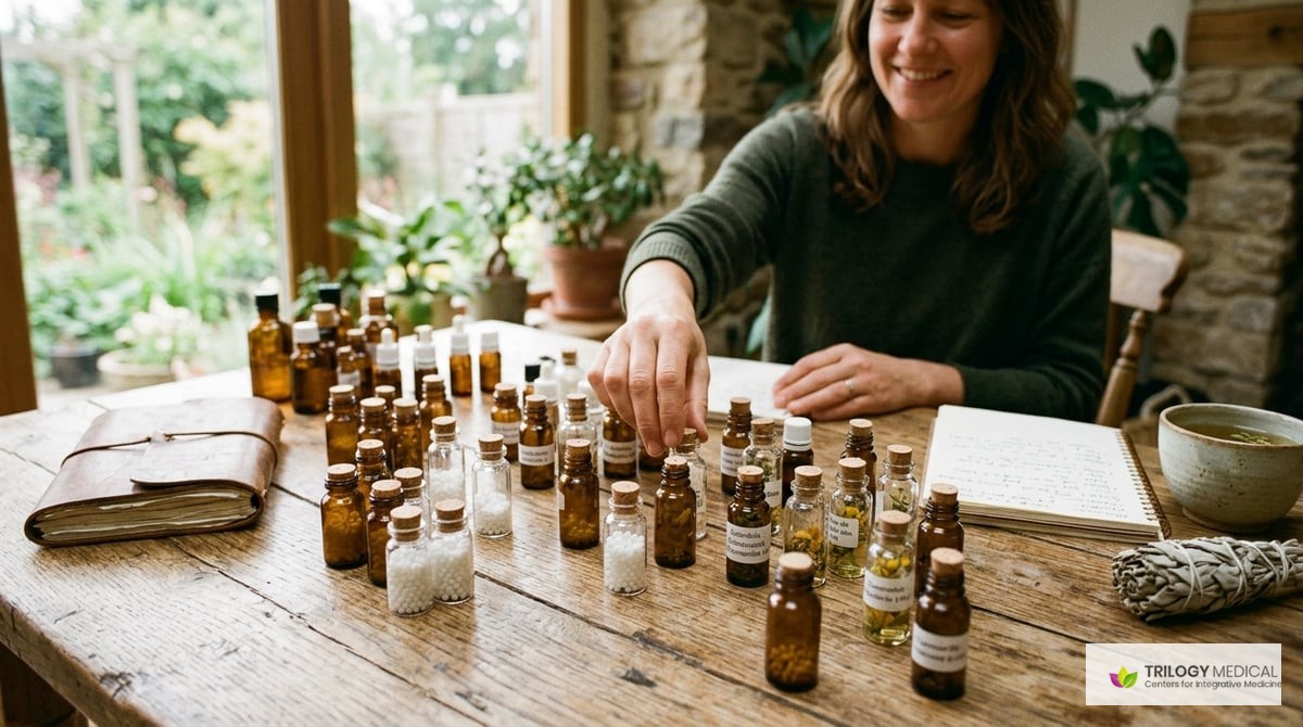 An appealing image of a variety of homeopathic remedies displayed in small vials on a wooden table, symbolizing personalized health