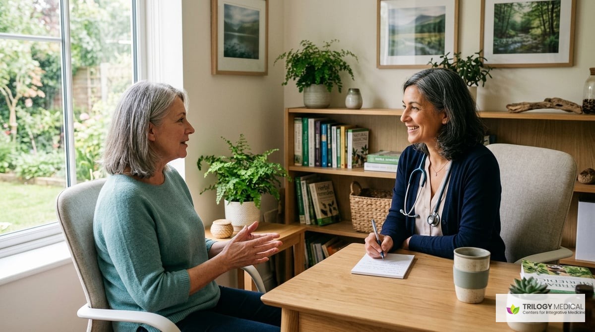 A serene image depicting a consultation between a patient and a doctor in a calming medical office, emphasizing a holistic health