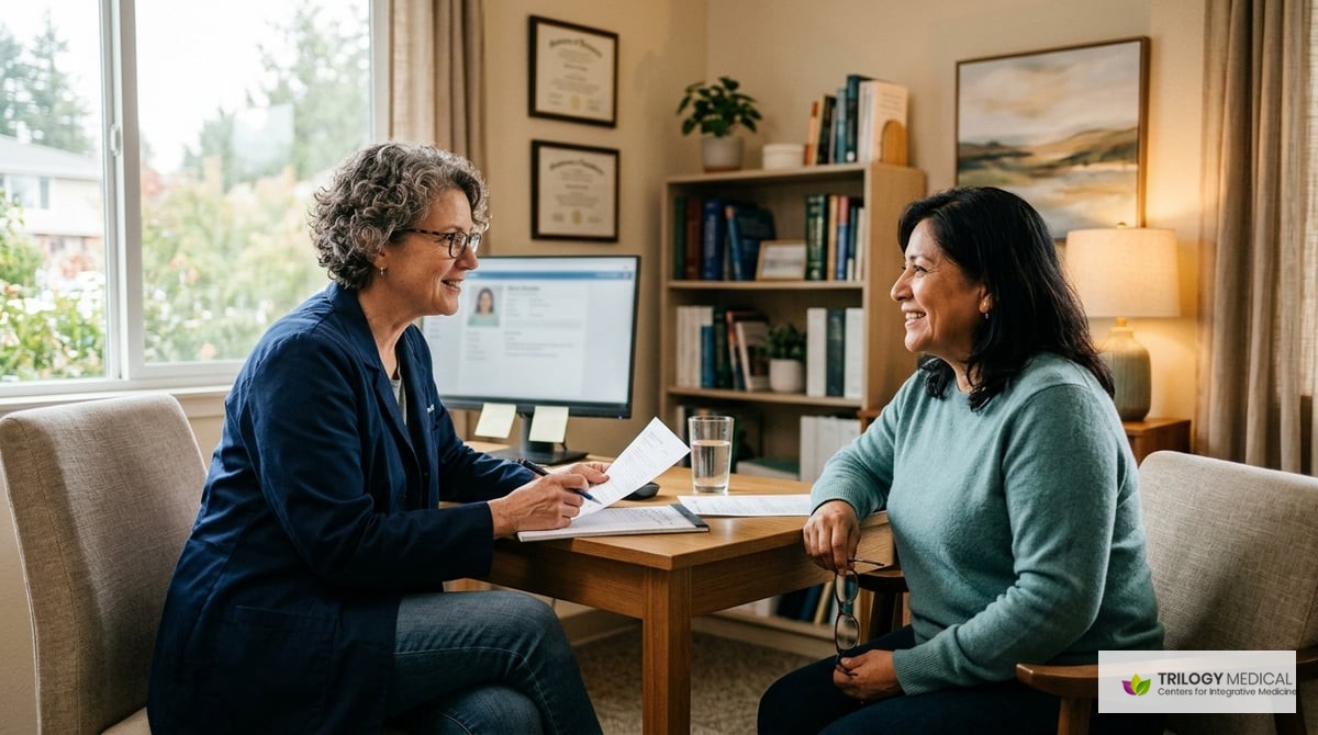 A collaborative consultation scene where a physician discusses health strategies with a patient in a warm office environment.

Photo-realistic