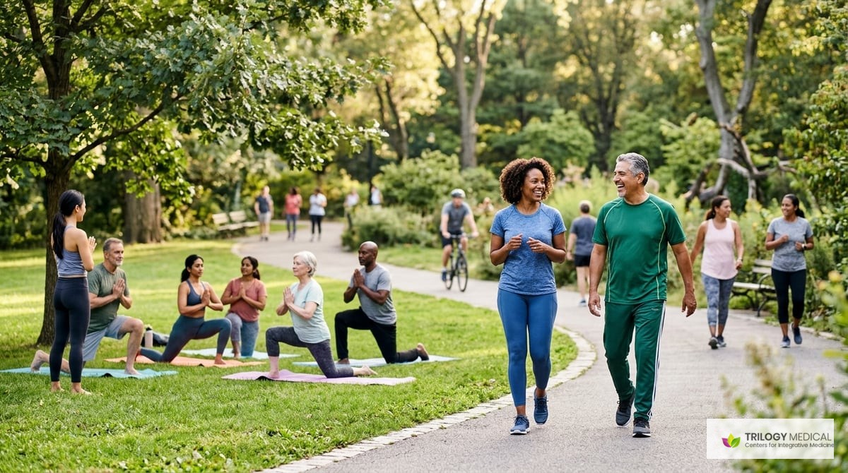 A calming image of a diverse group of people engaging in heart-healthy activities in an outdoor park.

Photo-realistic, editorial-quality photograph