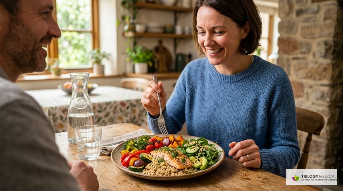 An image of a heart-healthy meal, showcasing colorful vegetables, lean proteins, and whole grains, served in an inviting setting.

Photo-realistic