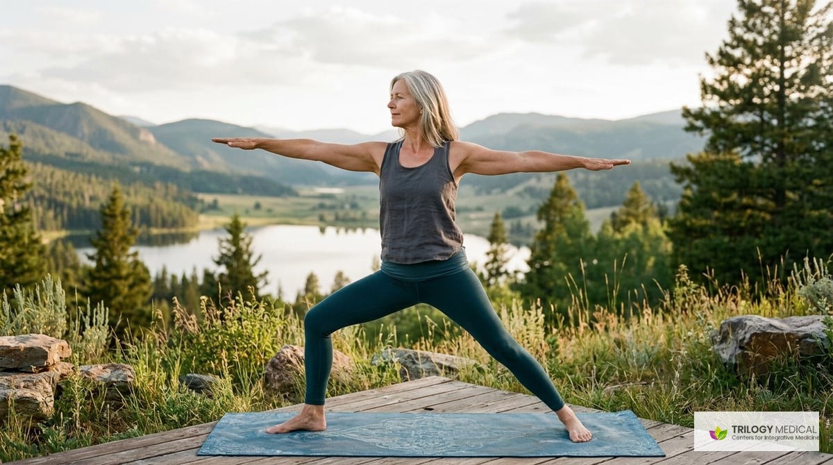 Serene image of a person practicing yoga outdoors, symbolizing the harmony of body and mind as part of aging gracefully.

Photo-realistic
