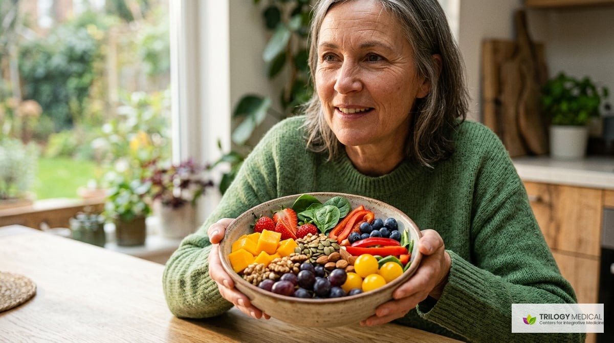 A colorful bowl filled with a variety of fresh fruits, vegetables, and nuts, symbolizing balanced nutrition and healthy aging.

Photo-realistic