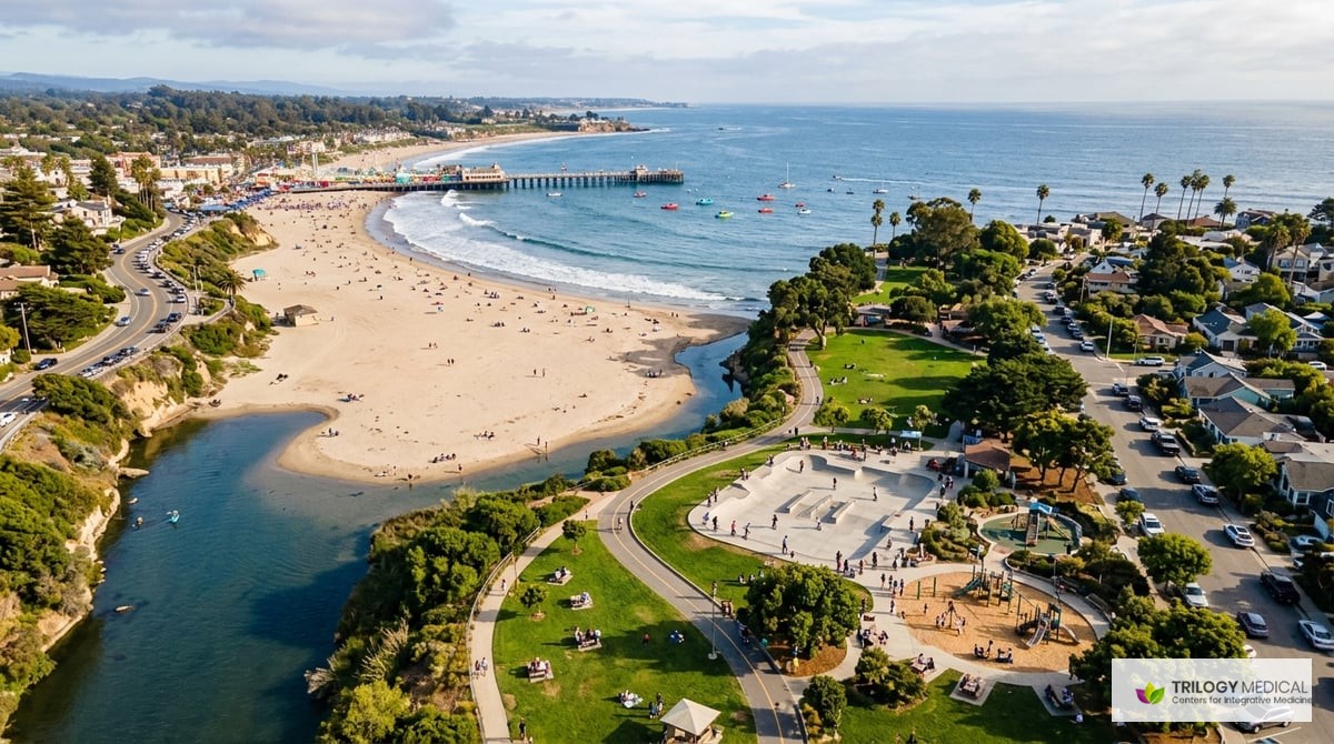 An aerial view of Santa Cruz coastline highlighting tranquil beach and vibrant community parks.

Photo-realistic, editorial-quality photograph