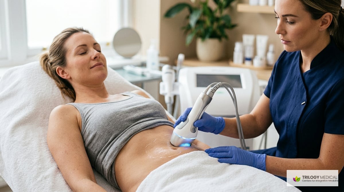 An illustration depicting the vShape Ultra process, showing the skin layers being treated by radiofrequency and ultrasound energy.

Photo-realistic