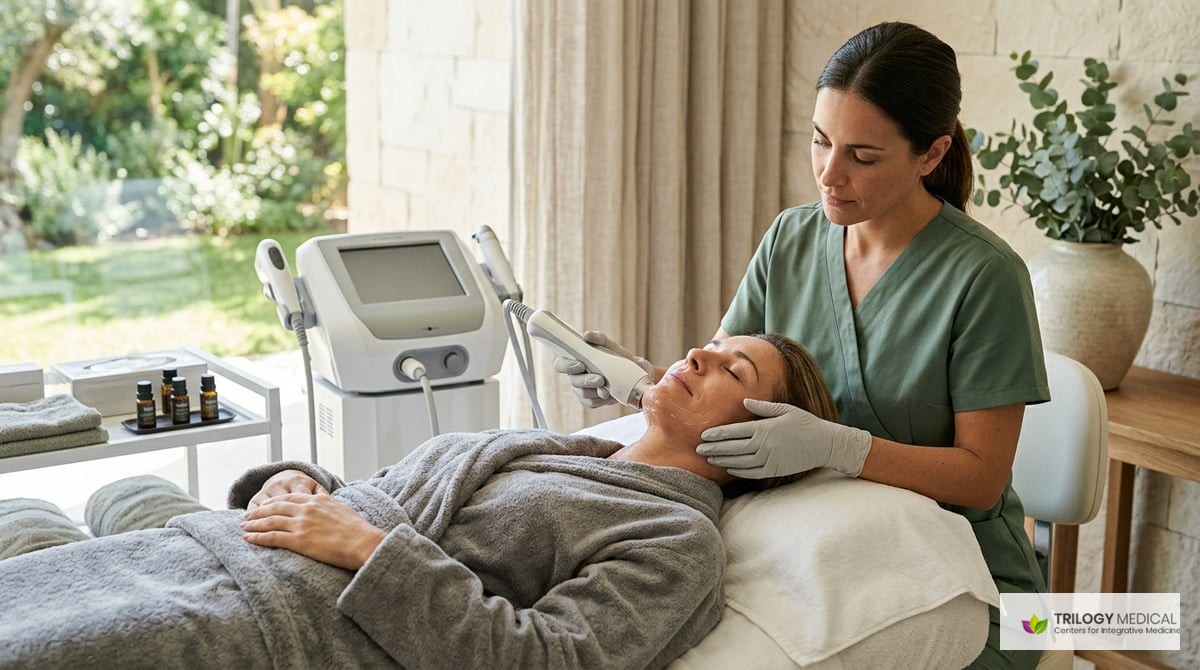 A serene spa setting with a patient receiving vShape Ultra skin tightening treatment, showcasing the advanced technology and comforting