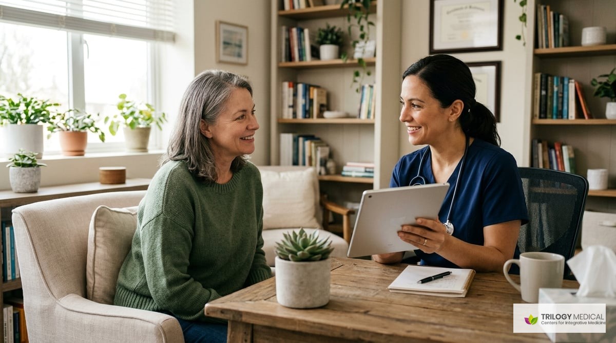 An inviting consultation room showing a friendly atmosphere, with a practitioner reviewing a patient’s health history on a tablet.

Photo-realistic