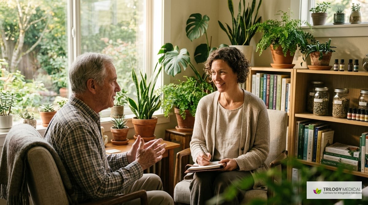 A practitioner consults with a patient in a sunlit office, discussing medical history, surrounded by plants and holistic health