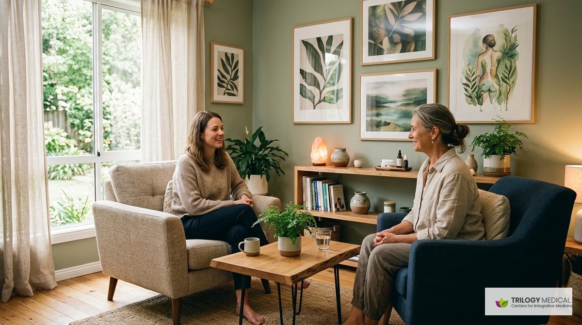 A calm and inviting consultation room with soothing colors, holistic health charts on the walls, and a comfortable chair for