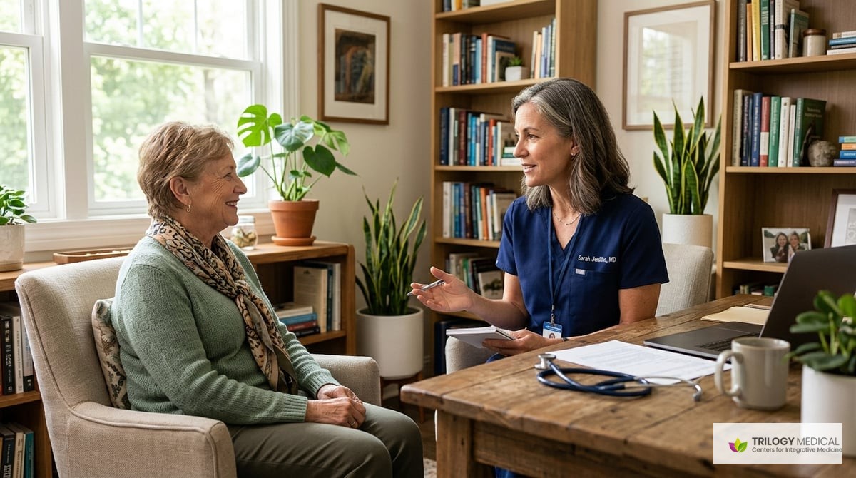 A professional healthcare provider holding a patient consultation, discussing health options in a warm, inviting office.

Photo-realistic
