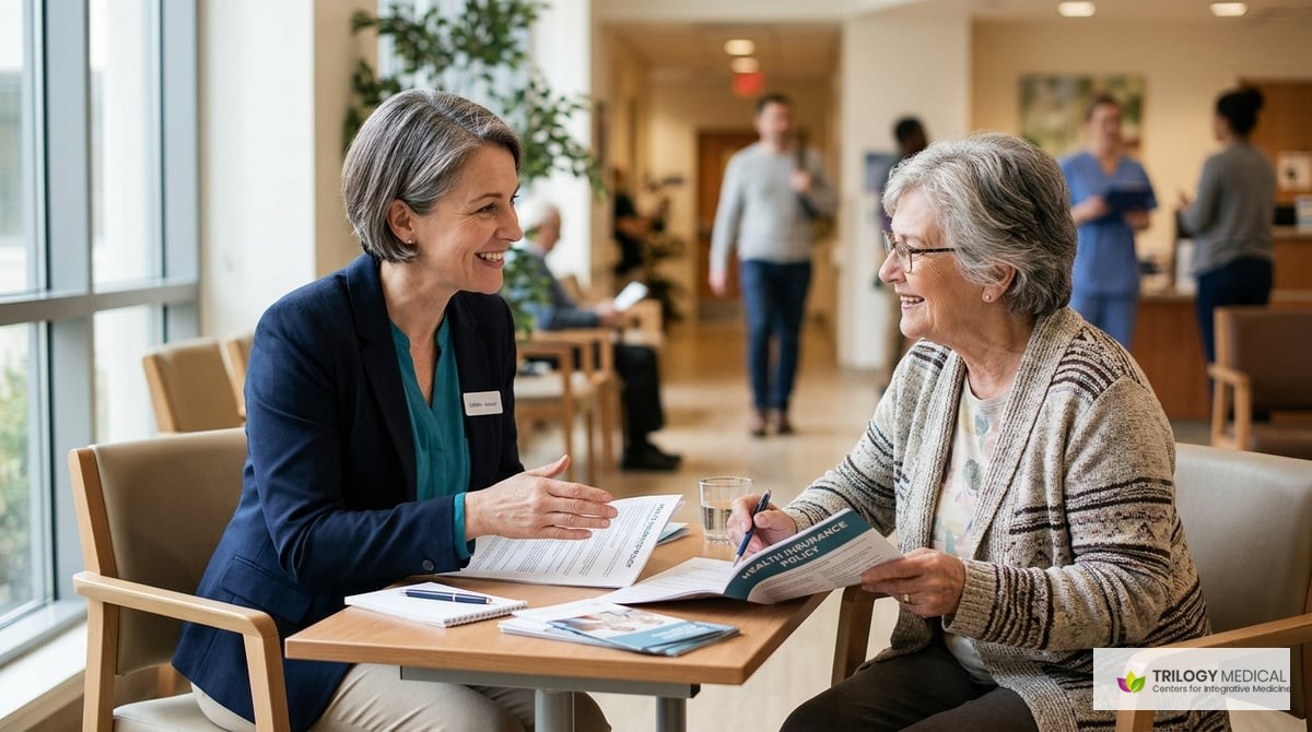 An informative image depicting a friendly insurance advisor discussing a policy with a patient, highlighting companionship and