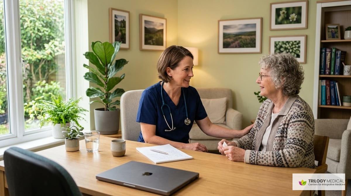 A serene medical office environment featuring welcoming decor and a compassionate healthcare professional consulting with a