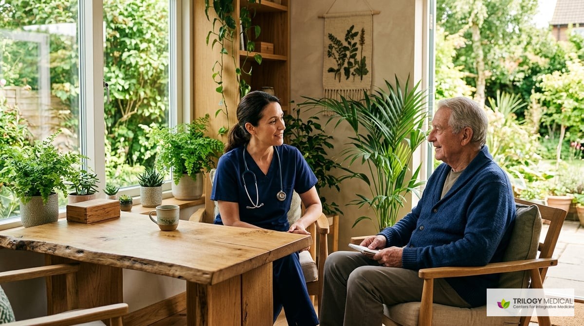 Image of a physician consulting with a patient, surrounded by natural elements to create a calming atmosphere.

Photo-realistic, editorial-quality