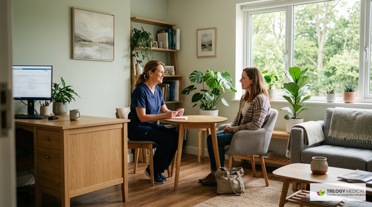 A serene medical consultation room with calming colors, plants, and natural light.

Photo-realistic, editorial-quality photograph. Natural lighting