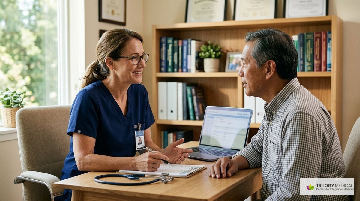 A medical professional discussing with a patient, illustrating the supportive and collaborative atmosphere at Trilogy Medical.

Photo-realistic