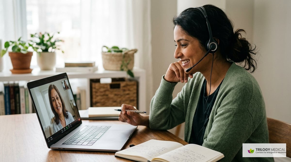 A caring healthcare provider performing a relaxed telemedicine consultation with a patient, representing accessible integrative