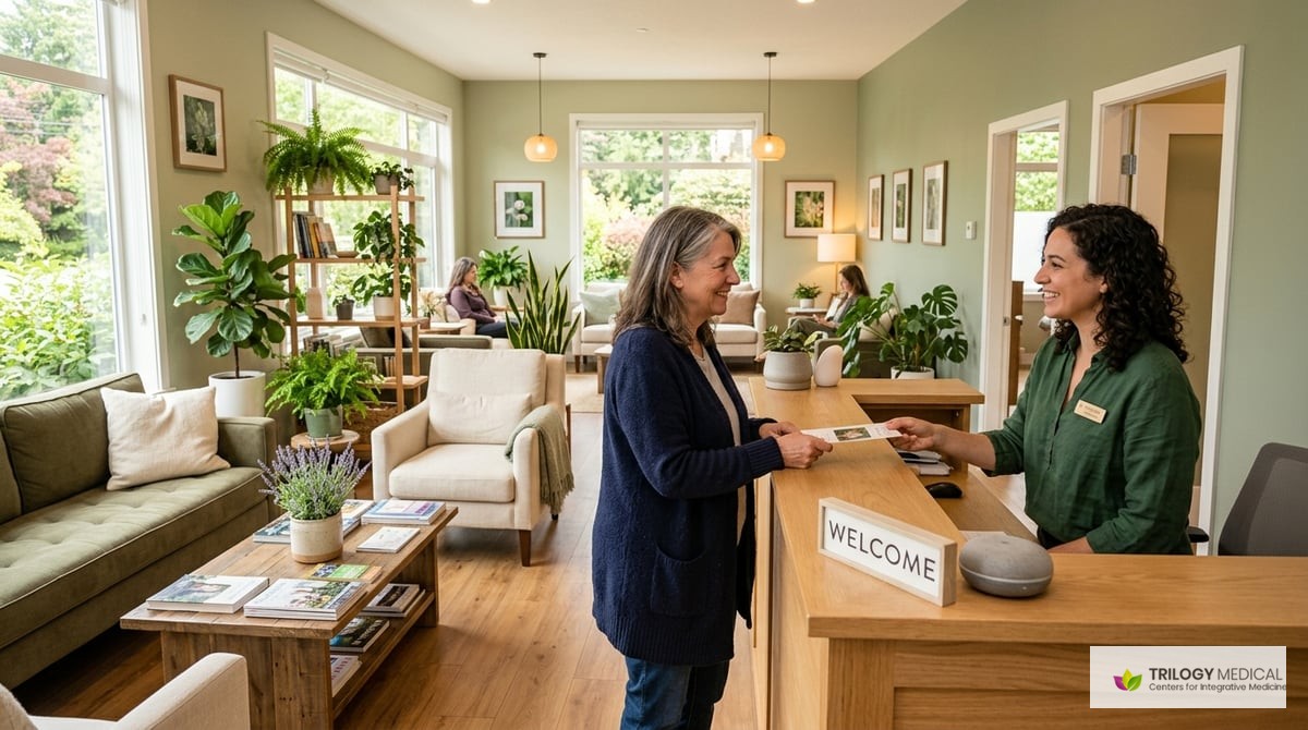 A welcoming integrative medicine office with calming colors, plants, and comfortable seating, where patients are welcomed.

Photo-realistic