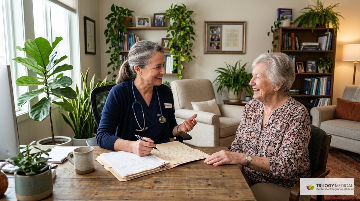 A patient consulting with Dr. Lester in a cozy office, with medical charts, plants, and a warm atmosphere, showcasing personalized