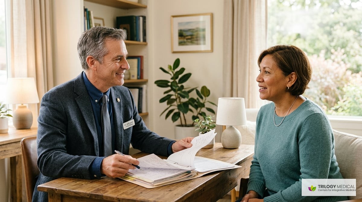 A serene consultation scene inside Trilogy Medical, showing Dr. Jeff Lester reviewing a patient's detailed health history with a warm, inviting